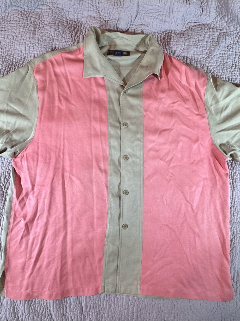 Nat Nast Luxury Originals 100% Silk Camp Bowling Shirt XXL Pink Tan Retro